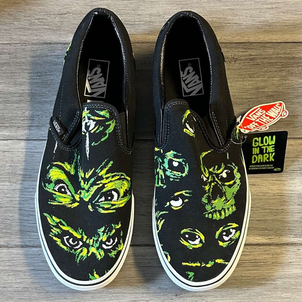 Vans Black and Green Graphic Slip-On Sneakers